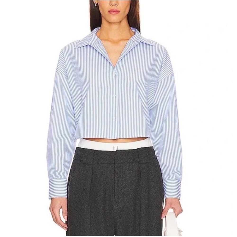 Favorite Daughter The Crop Stripe Cotton Button-Up Shirt Blue M - Picture 15 of 15